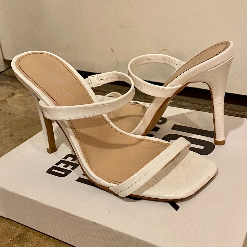 Backless White Snakeskin Heels